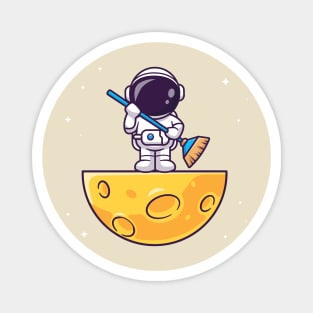 Cute Asronaut Holding Broom On Moon Cartoon Magnet